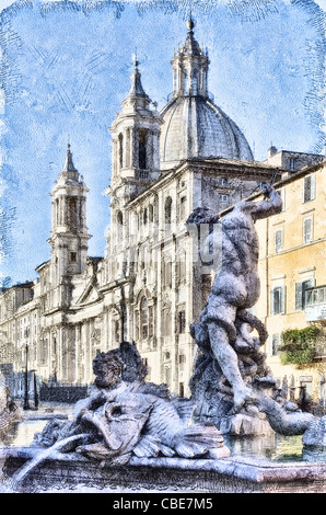 Foto-Gemälde von der Brunnen von Neptun, Rom, Italien. Im Hintergrund die Kirche von St. Agnes. Stockfoto