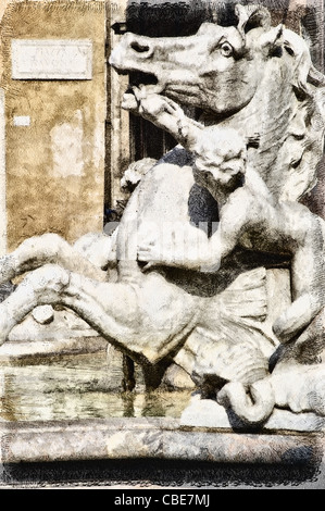 Detail der Neptun-Brunnen zeigt Amor und Seepferdchen. Rom Stockfoto