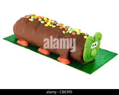 Beliebte Schokolade der Marke Caterpillar Geburtstag oder Feier Kuchen Isoliert gegen einen weißen Hintergrund mit Freistellungspfaden und keine Leute Stockfoto