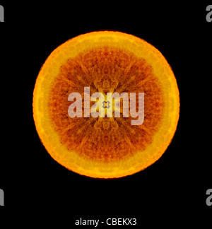 Citrus Sinensis, Orange, Orange cross-Abschnitt Slice Thema, schwarzer Hintergrund. Stockfoto