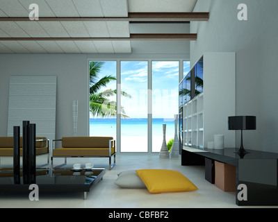 Moderne Wohnzimmer, mit einem großen Fenster mit einem tropischen Strand mit einer Palme außerhalb. Stockfoto