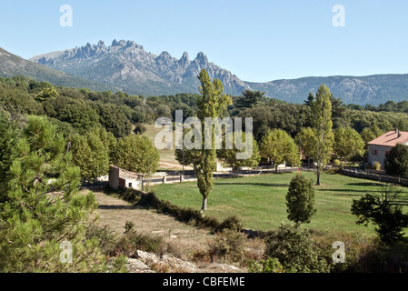 Die gezackten Gipfel der Aiguilles de Bavella, von der Stadt Quenza aus gesehen, in der südlichen Region Alta Rocca von Korsika, Frankreich. Stockfoto