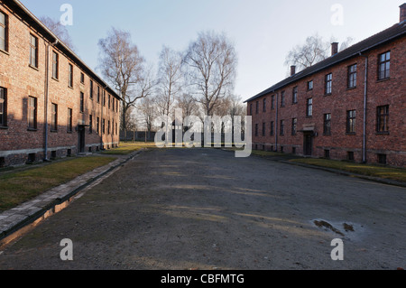 Baracken in Auschwitz I NS-Konzentrationslager mit Elektrozaun und Wachturm Stockfoto