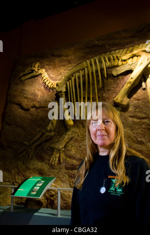 Penny Newbury. Paläontologe, Dinosauriermuseum, Sandown, Isle of Wight, England, Großbritannien, Rekonstruktion, Iguanodon, Skelett, Modell, Bernissartensis Stockfoto