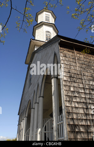 Kirche in einem typischen hölzernen Gebäude. Dalcahue. Chiloé Insel, Lake District, Chile Stockfoto