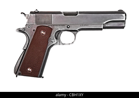 Legendäre US-Armee Pistole Colt 1911A1 isoliert auf weißem Hintergrund. Militärischen Modell (grau). Stockfoto