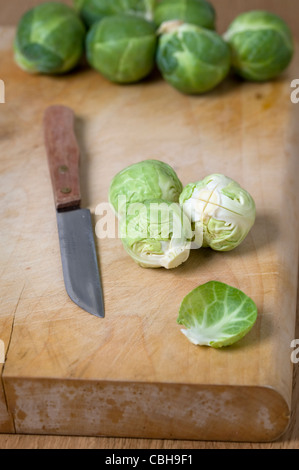 Vorbereitung von Brussel Sprossen zum Kochen Stockfoto