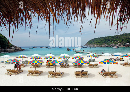 Liegestühle und Sonnenschirme am Sandstrand Urlaub Strand von Patok Bay auf Raya Insel, Phuket, Thailand Stockfoto