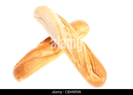 französische Baguettes auf weißem Hintergrund Stockfoto