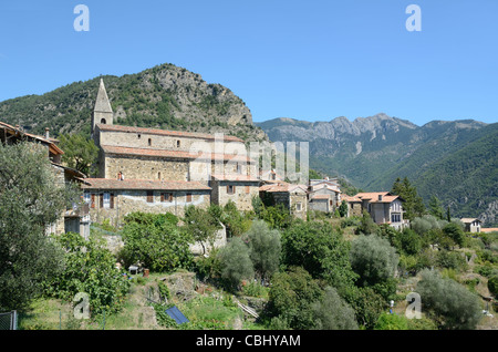 Blick auf das Dorf von La Tour oder La Tour-Sur-Tinée Tinée Tal Alpes-Maritimes Frankreich Stockfoto