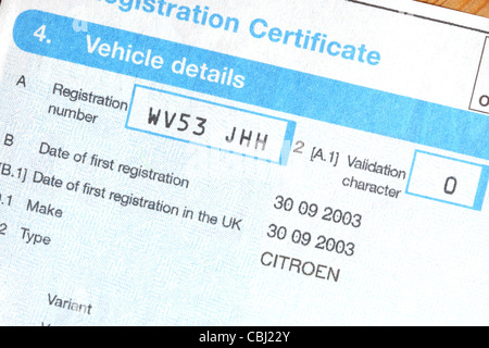 V5C Vehicle Registration Certificate DVLA Auto Dokument Stockfoto