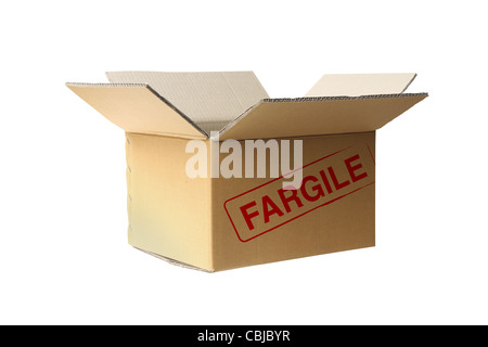 Öffnen Sie gewellten Karton auf weißem Hintergrund Stockfoto