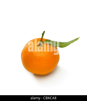 Mandarine mit einem Blatt isoliert auf weißem Hintergrund Stockfoto