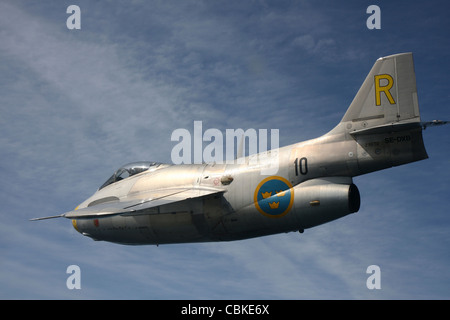 Saab J 29 Flying Barrel Vintage Düsenjäger von der schwedischen Luftwaffe historischer Flug. Stockfoto