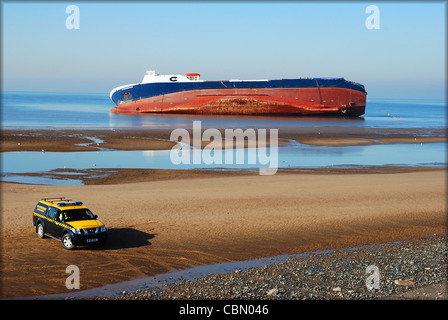 Riverdance Fracht Schiffsunglück vor Cleveleys Strand in der Nähe von Blackpool, UK. Das Schiff wurde von einer Welle Breitseite auf Januar 2008 getroffen. Stockfoto