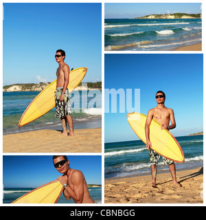 Collage mit Surfer mit Surfbrett am Karibik-Strand, Dominikanische Republik Stockfoto