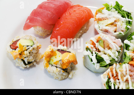 Auf weißen Teller Maguro Sake Garnelen Frühlingsrollen Lachs Sushi-Rollen Stockfoto