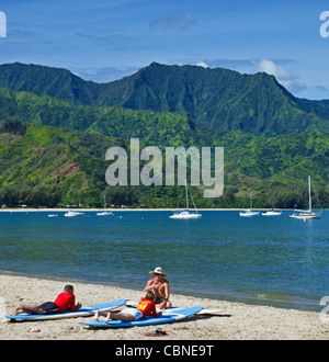 Surfkurs in Hanalei Beach auf Kauai Stockfoto