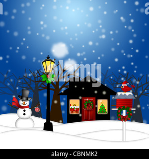 Haus Lampe Post Schneemann mit Vogelhaus Weihnachtsdekoration in schneit Winterszene Landschaft Illustration Stockfoto