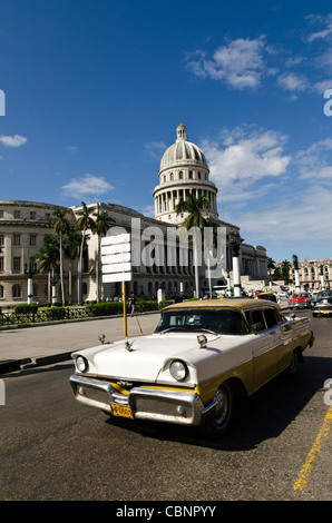 Amerikanische Oldtimer vor El Capitolio Havanna Kuba Stockfoto