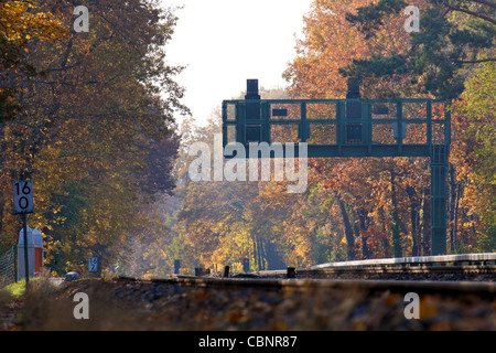 Ein Signal bogenförmig über Eisenbahn Bahnen in Berlin, Deutschland, zwischen bunten Laub im Herbst. Stockfoto