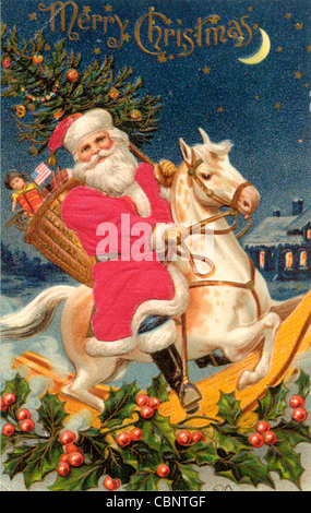 Weihnachtsmann auf riesigen Schaukelpferd liefern Weihnachten präsentiert Stockfoto