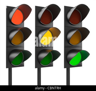 Drei Bremsleuchten mit roten oder gelben oder grünen Licht auf weißem Hintergrund Stockfoto