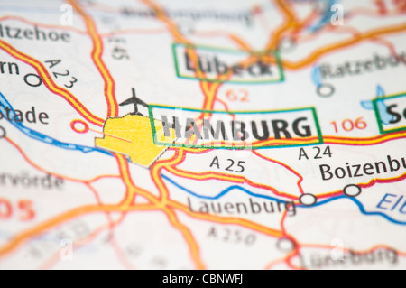 Hamburg auf einer Karte Stockfoto