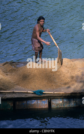 Flußsand Bergmann (Taucher) arbeiten auf Kahn, Kandy, Sri Lanka Stockfoto