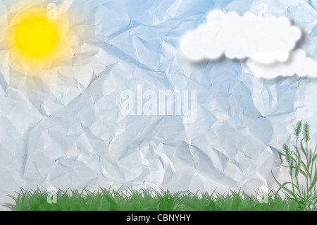 Landschaft mit Sonne, Wolke und Rasen auf zerknittertes Blatt Büropapier im Hintergrund mit Detailreichtum Stockfoto