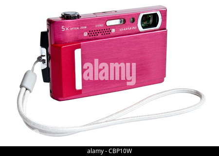 Foto von digitalen Kompaktkamera mit Gurt isoliert auf weiss Stockfoto