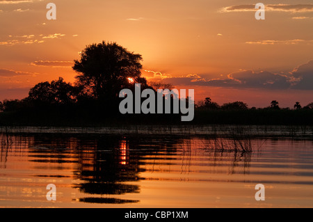 Afrika-Botswana-Sonnenuntergang über Okavangodelta Stockfoto