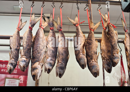 Westlicher Bezirk auf Hong Kong Island hat noch viele traditionelle Geschäfte und Straßen. Fische trocknen hinter Ampel. Stockfoto