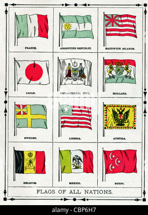 In dieser Abbildung gezeigten Flaggen wurden aktuelle 1896. Dazu gehören Frankreich, Argentinien, Sandwich-Inseln und Japan. Stockfoto