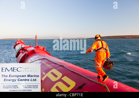 Ein Pelamis P2 Welle Energie Generator auf die Docks am Lyness auf Hoy, Orkney Inseln, Schottland, Vereinigtes Königreich. Stockfoto