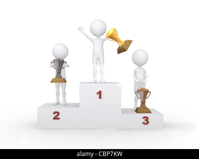 Sieger feiert am Podium. 3D gerenderte Darstellung. Stockfoto