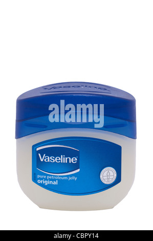 Eine Wanne mit Vaseline reine Vaseline original auf weißem Hintergrund Stockfoto