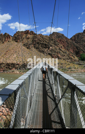 eine Frau Wanderungen über silberne Brücke über den Colorado River am unteren Rand der Grand Canyon, Arizona Stockfoto