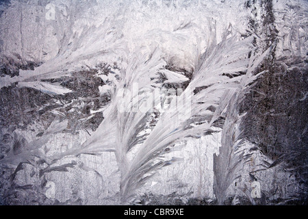 Frostigen Muster auf ein Fensterglas Stockfoto