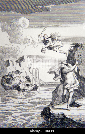 Perseus fliegt über Libyen, Andromeda zu befreien. Kupferstich von William Hogarh, frühe c18th. Stockfoto