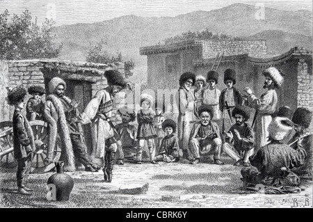 Mountain Folk Dance in Dagestan Village, Republik Dagestan, Russland 1868 Gravur oder Vintage Illustration Stockfoto