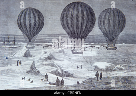 Ballonfahrten oder frühe Luftfahrt zum Nordpol, Arktis. Unrealisiertes Projekt von Commander John Powles Cheyne 1877-78. Vintage Illustration oder Gravur Stockfoto