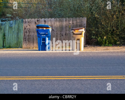Zwei Behälter für Recycling und die andere für Müll sitzen am Straßenrand warten auf Abholung in Santa Barbara, Kalifornien. Stockfoto