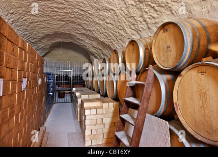 Die Canava (Fels geschnitten unterirdischen Keller) der Estate Argyros, eines der besten Weingüter in Santorini, Kykladen, Griechenland Stockfoto