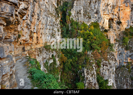 Der atemberaubende Pfad, schwebt über einer Klippe von Hunderten von Metern über dem Vikos-Schlucht, in der Nähe von Agia Paraskevi Kloster Zagori. Stockfoto