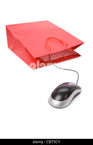Isolierte Einkaufstasche und Computer-Maus, Konzept des e-Commerce Stockfoto