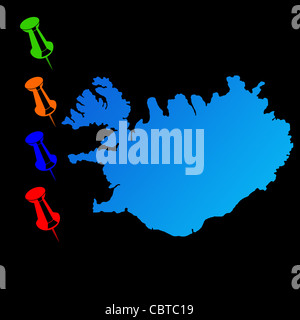 Island-Reise-Karte mit Push-Pins auf schwarzem Hintergrund. Stockfoto