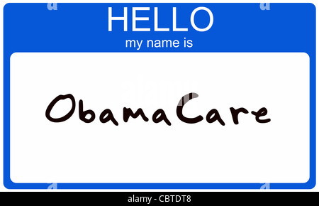 Ein blauer Name Tag Aufkleber mit den Worten Hallo mein Name ist Obamacare zeigt eine große Gesundheitsreform-Konzept. Stockfoto