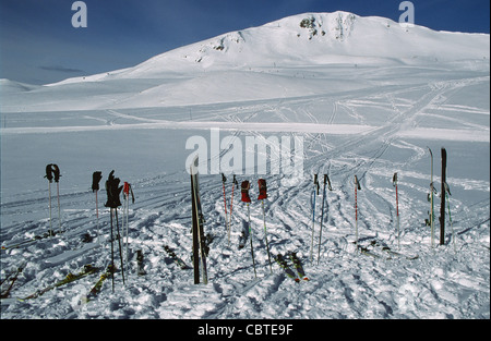 Ski Stöcke und Skier fest, die in den Schnee im Skigebiet Saint-Lary2400 in Ile-de-France Stockfoto