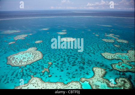 Luftaufnahmen der spektakuläre Great Barrier Reef in der Nähe der Whitsunday Islands in Queensland, Australien. Stockfoto